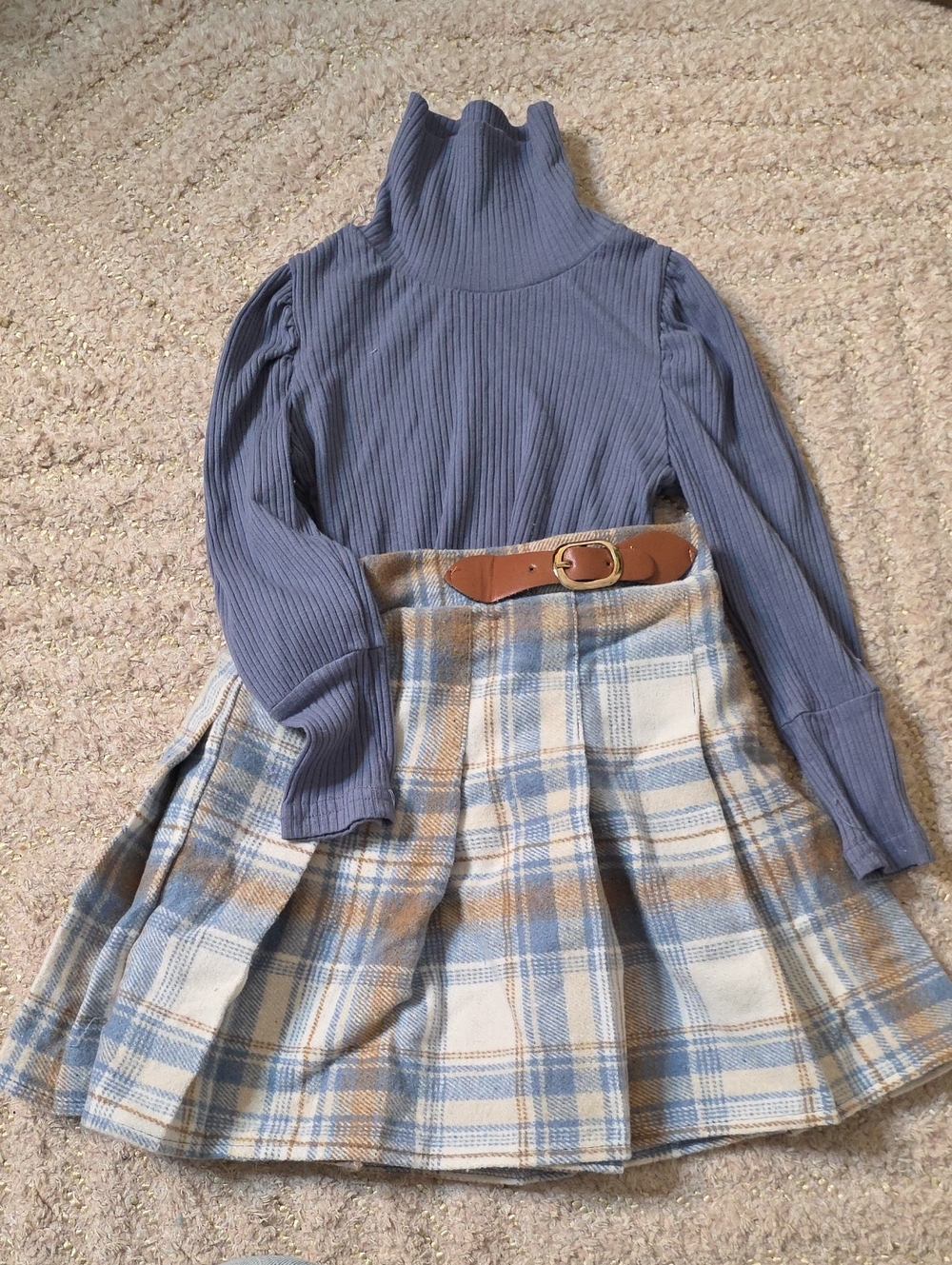 Girls Blue Ribbed Turtleneck Dress with Plaid Skirt
